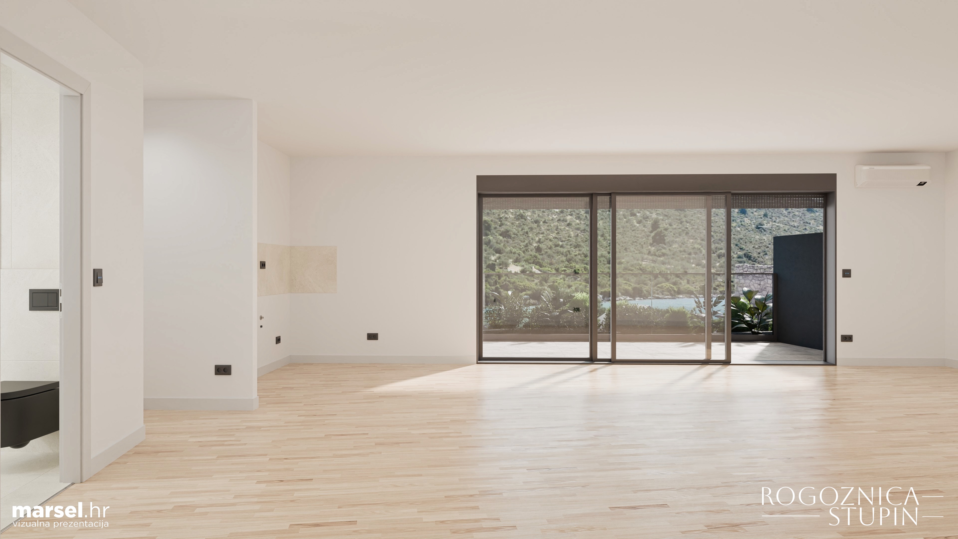 Vizualizacija interijera apartmana u novogradnji Rogoznica Stupin. Prostrani i svijetli unutarnji prostori s pogledom na more, idealni za stanovanje ili investiranje u apartman na dalmatinskoj obali.